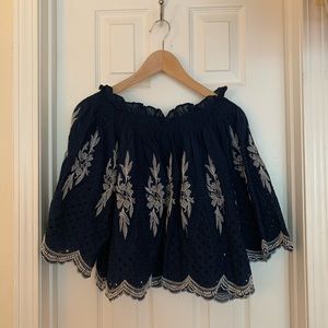 It girl blue and white off the shoulder top sz S